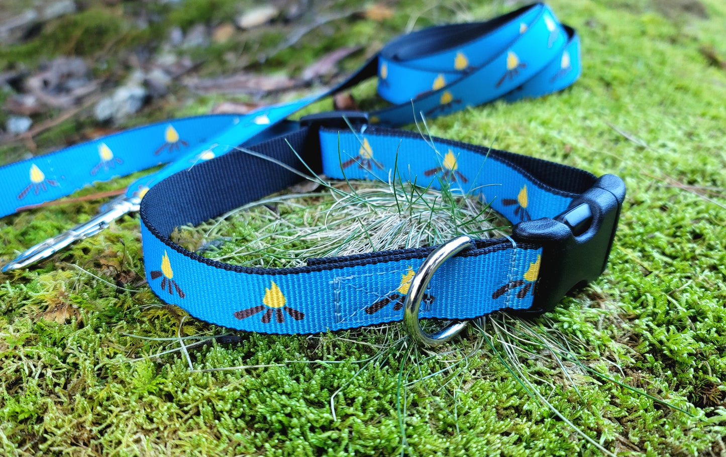 Dog Collar and Leash - Blue Webbing Campfire Pattern (USA)