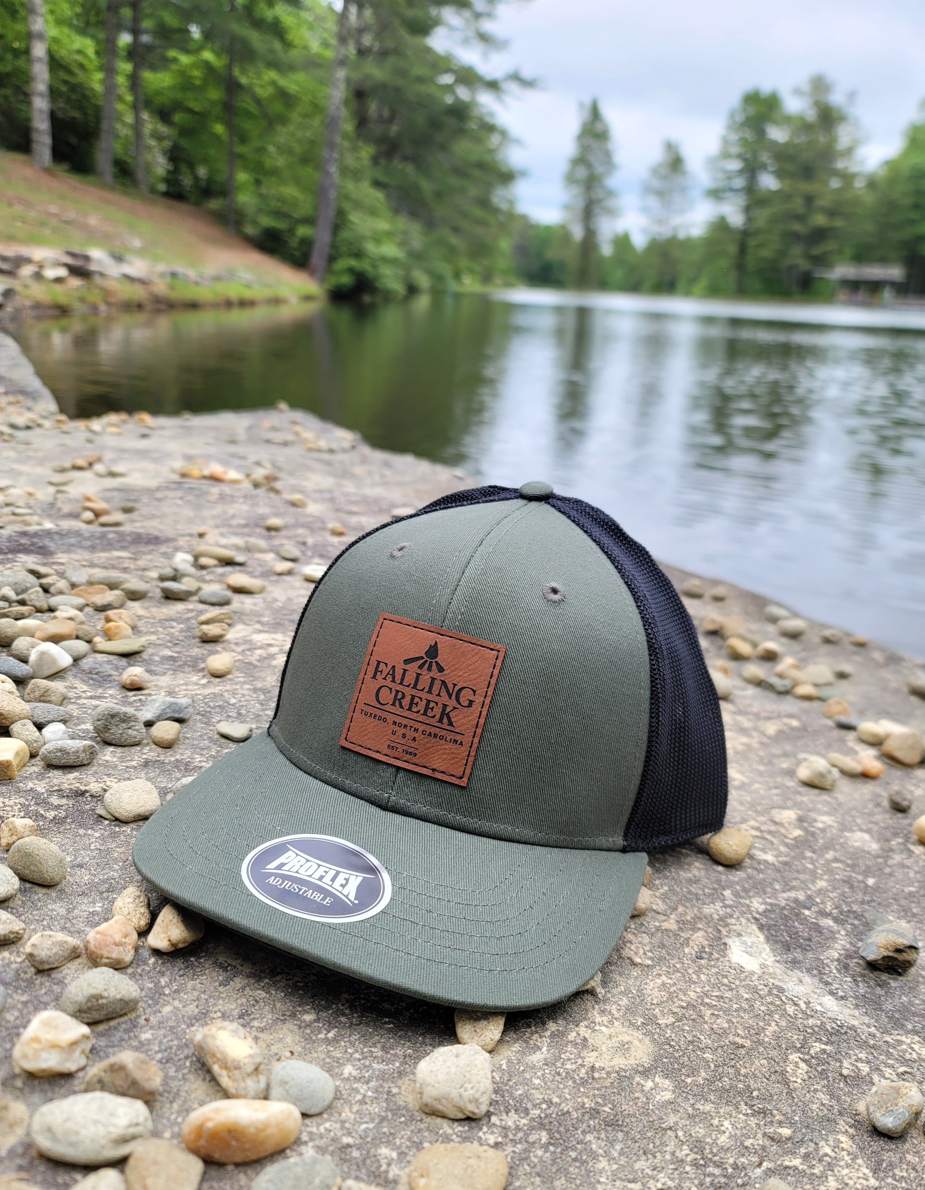 Hat - Olive Green Trucker Cap with Leather Patch – Falling Creek Camp Store