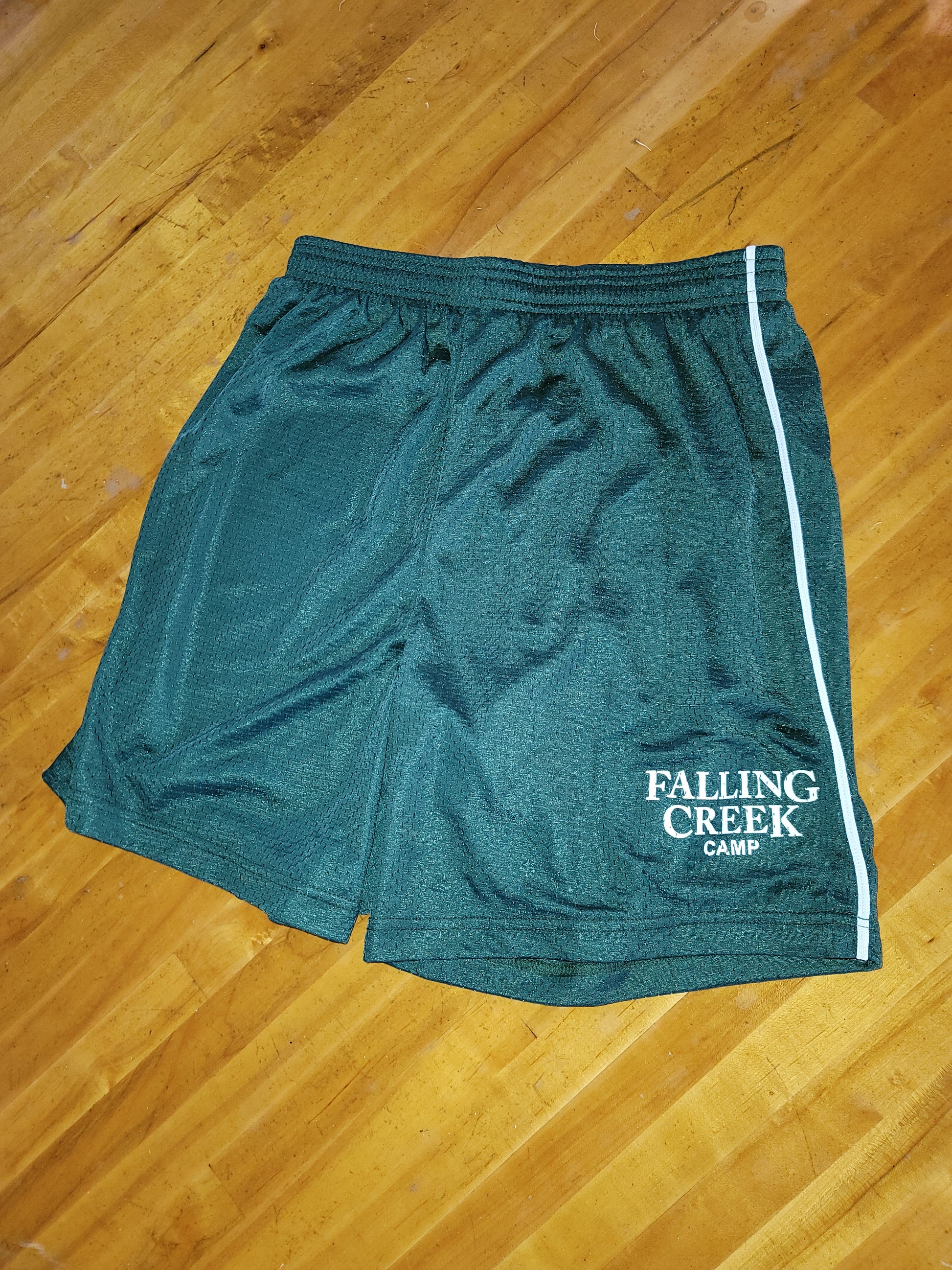 Green Athletic Training Shorts with White Stripe and Falling Creek Camp Logo on Left Leg